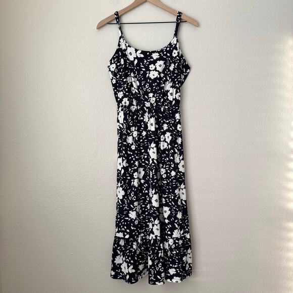 French Grey Womens Blue White Midi Dress Trumpet Flowy Elegant Strap Size Medium - Picture 1 of 11